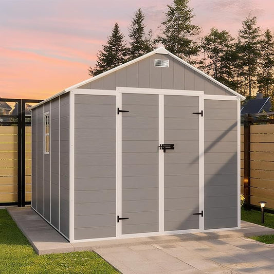 8x10 FT Outdoor Storage Resin Shed with Floor, Plastic Garden Tool Shed with Sloped Roof, Lockable Door & Windows, Easy to Assemble Bike Shed for Lawn, Backyard, Patio, Grey