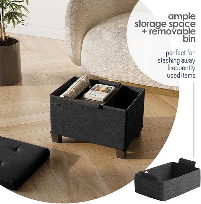 STORAGEBUD Storage Ottoman Cube with Small Bin, 16-in Square Ottoman with Storage for Living Room and Bedroom, Small Ottomans Foot Rest, Faux Leather Foot Stools Ottomans Max 330lbs, Black