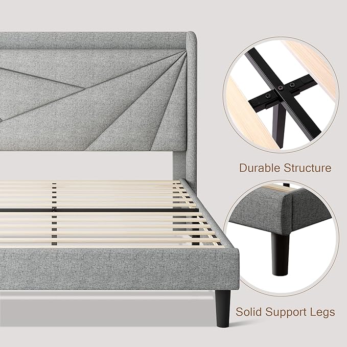 Queen Size Upholstered Bed Frame with Charging Station, Platform Bed Frame with Storage Headboard, Solid Wood Slats Support, No Box Spring Needed, Light Gray