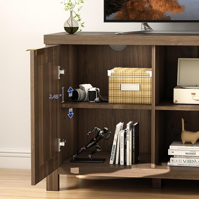 TV Stand for 65 inch TV, Modern Mid Century Entertainment Center with Storage, Media Consol with Natural wood rattan Door Cabinets and Open Shelves, Wooden, for Living Room, Bedroom, MLTV21RB