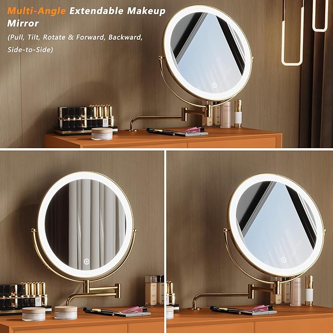 Vanity Desk with Adjustable Mirror and Lights, Makeup Desk with Drawers and Chair, Dressing Table Set with Leather Surface, Small Vanity Table for Bedroom, 3 Lighting Modes (Orange)