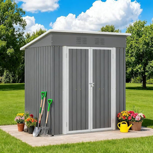 6 x 4 FT Outdoor Storage Metal Shed, Bike Garden Tool Shed with Slooping Roof, Lockable Doors and Aluminum Frames, Shed Easy to Assemble for Garden, Patio, Lawn, Grey
