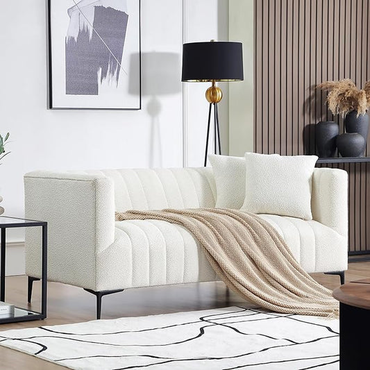 Get Set Style Modern Accent Sofa,Tufted Boucle Upholstered Sherpa Deep Seat Cloud Sofas,Comfy 3 Seater Couch with 2 Pillows for Living Room Apartment Office Lounge Studio (White)