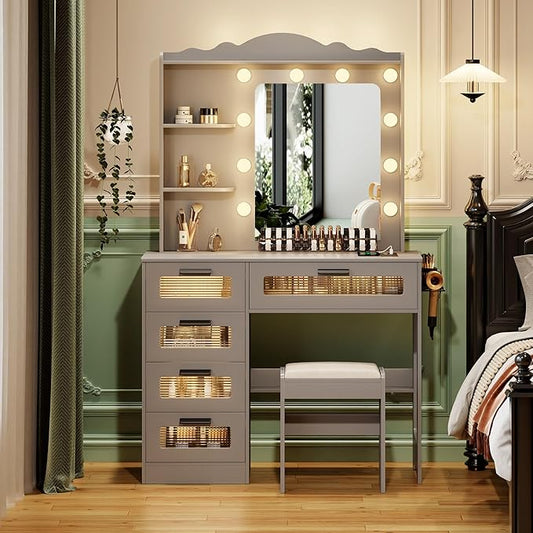 HWB Makeup Vanity Desk with Mirror and Lights,Vanity Table with 5 Drawers&2 Shelves,Vanity Set for Bedroom,Dressing Table with 10 Light Bulbs and USB Port&Human Sensor Design,Grey