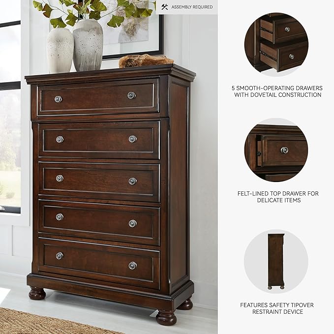 Signature Design by Ashley Porter Traditional 5 Drawer Chest of Drawers, Dark Brown