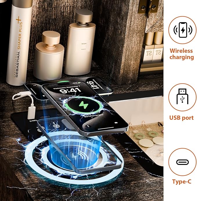 Makeup Vanity, Farmhouse Vanity with Mirror & Generous Clear Glass Countertop, 40'' Intelligent Makeup Desk with Multi-Functional Charging Station & Human Body Sensing LED Lights, Brown