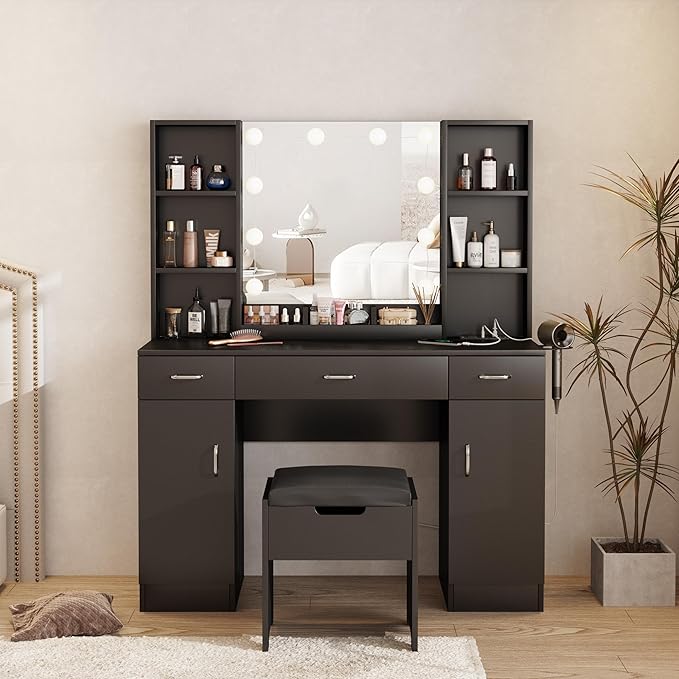 Makeup Vanity Table with Lighted Mirror & Outlets, Large Vanity Set Vanity Desk with Lots of Storage, 9 Drawers, 3 Lighting Modes Brightness Adjustable, 45inch