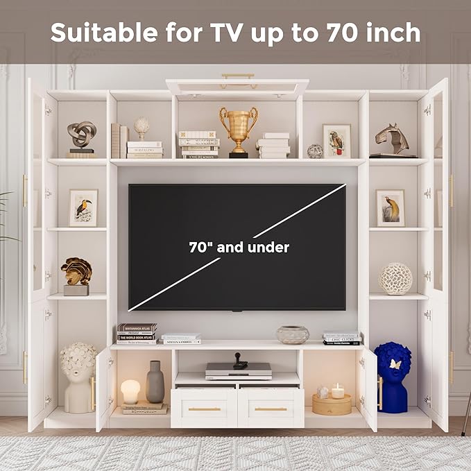 94" Wall Unit Entertainment Center for TVs up to 70", Modern TV Console with LED Lights, Multifunctional TV Stand with Tempered Glass Door, Drawers & Shelves for Living Room, White