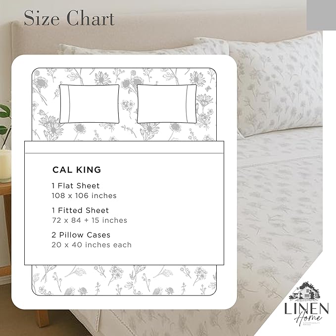 Linen Home 100% Cotton Printed Percale Sheets California King Size, Deep Pocket, 4 Pieces Set - 1 Flat, 1 Deep Pocket Fitted Sheet and 2 Pillowcases, Crisp Cool Bed Linen, Grey Botanical Floral