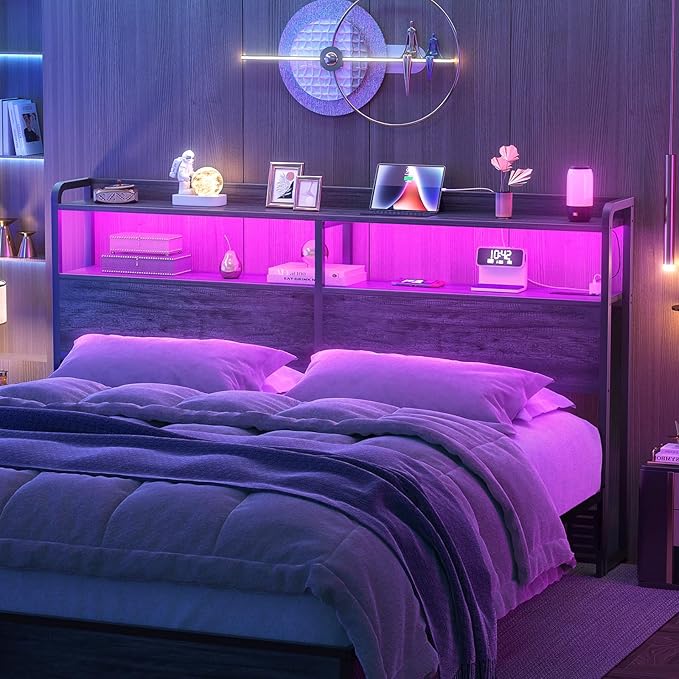 Aheaplus Headboard for Queen Size Bed Frame, Headboards with Outlets, USB Ports and LED Light, Head Board with Storage, Height Adjustable, Sturdy and Stable Headboard, Queen Size, Black Oak