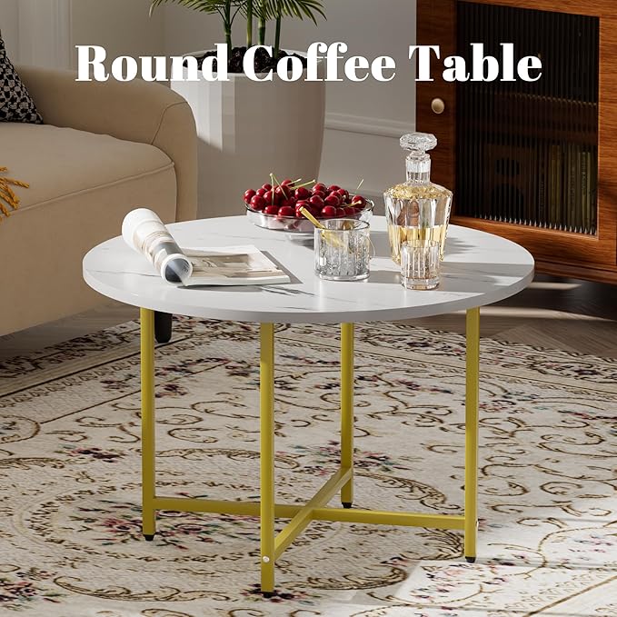 Round Coffee Table, Small Coffee Tables for Living Room, Wood Coffee Table with Metal Frame, Floor Table Desk for Sitting on The Floor, Home, Office, Farmhouse, White & Gold (23.6"D x 17.7"H)