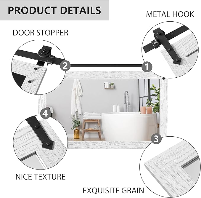 Farmhouse Mirror 42”x28” White Rustic Mirror for Wall Vanity Mirrors Barn Door Style Decor Bathroom Living Room Entryway Bedroom Mirrors