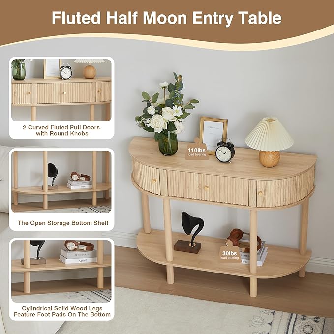 43.3“ Fluted Half Moon Console Table, Modern Entryway Console Sofa Table with Storage, Narrow Wood Accent Tables Behind Couch Tables for Living Room, Hallway, Foyer(Natural)