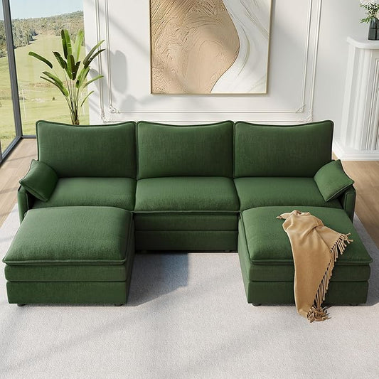 Vesgantti 108" U Shaped Sectional Couch, Comfy Cloud Modular Sectional Sofa with 2 Ottoman Deep Seat Chenille Modern Cloud Sofa, Modular Sofas for Living Room, Bedroom and Apartment, Green