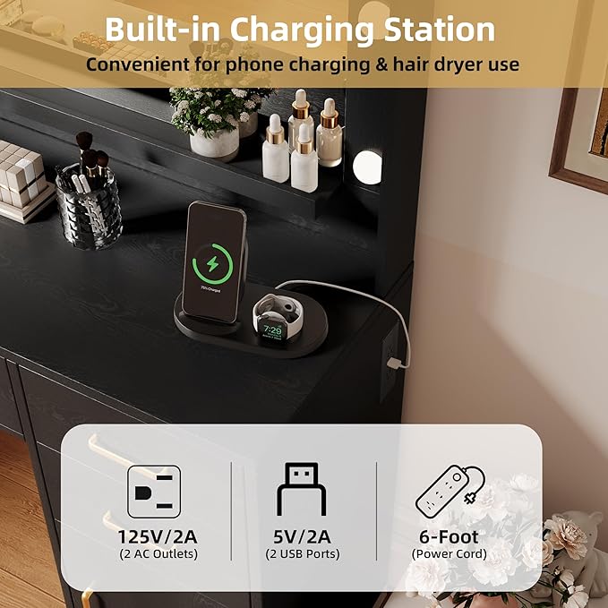 44.8" Large Vanity Desk with Lighted Mirror & Power Outlet, Black Makeup Vanity Desk with Mirror and Lights, Black Vanity Table with 5 Drawers and 2 Cabinets, Dressing Table for Bedroom