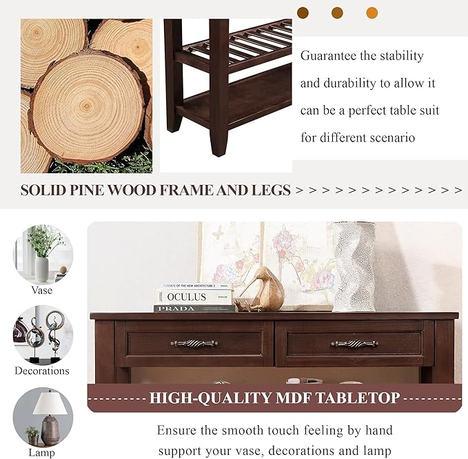 42inch Mid-Century Wood Console Table with 2 Drawers and 2 Bottom Shelf Sofa Table Solid Wood Sideboard(Espresso)