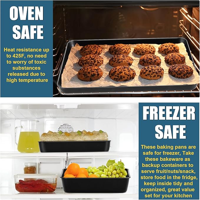 E-far 6-Piece Bakeware Sets, Nonstick Stainless Steel Baking Pans Set - 8x8 Square/Round Cake Pan/Muffin/Loaf Pan/Roasting Tray/Cookie Sheet - for Kitchen Oven Cooking Lasagna Brownie Casserole, Black