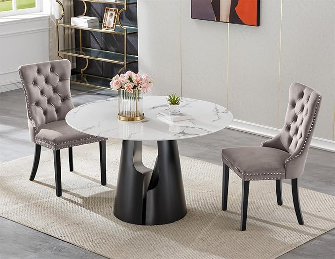 3-Piece Faux Marble Round Dining Table Set for 2, Modern Luxury Kitchen Table Set for 2 with Grey Tufted Chairs,Circle Dining Tables with White Marble Grain Top and Black Pedestal Base