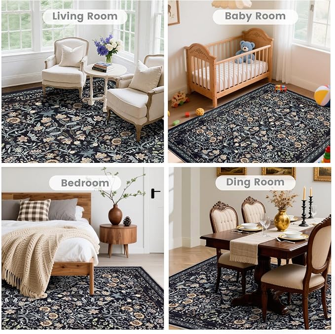 Area Rug Living Room Rug, 6X9 Rugs for Living Room Floral Boho Low Pile Super Soft Washable Rug, Stain Resistant Indoor Floor Non-Slip Carpet for Bedroom Bedside Dining Room Kitchen Nursery, Black