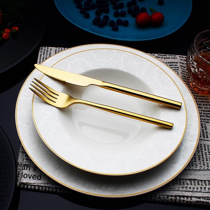 24 Piece Silverware Set For 6 Gold Heavy duty 18/10 Stainless Steel Flatware Set Modern Design Knife/Fork/Spoon Mirror Polished Dishwasher Safe Cutlery Set with Gifts