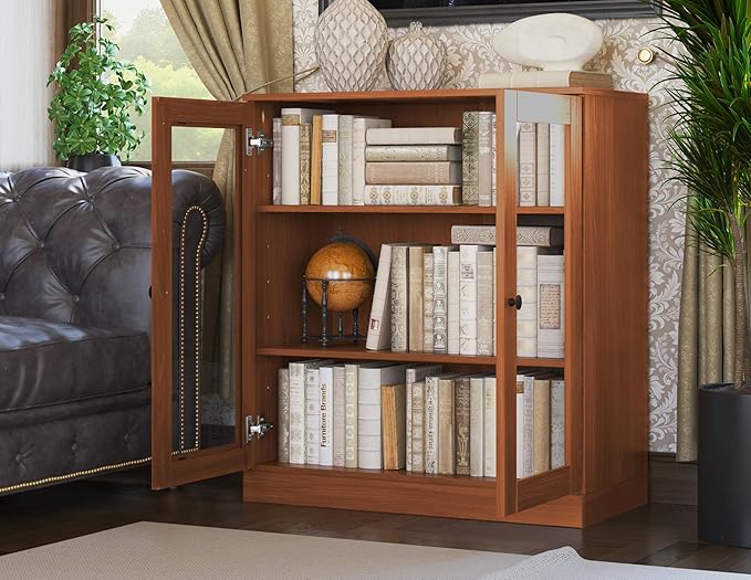 Palace Imports Solid Wood Bookcase - Floor Standing Bookshelf - 32” W - Display Furniture, Renewable 100% Eco-Friendly Wood, Made in Brazil (Mocha, Clear Glass Doors | 3-Shelf Short Bookcase)