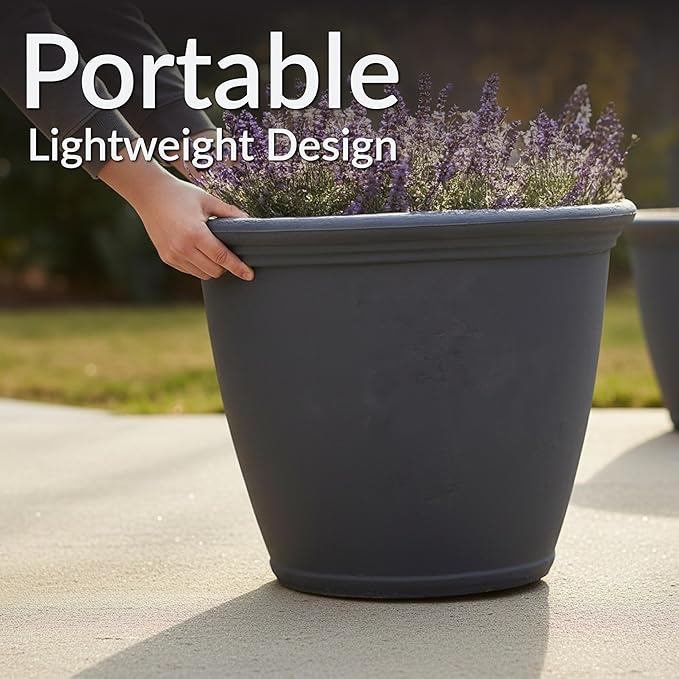 Sunnydaze 24-Inch Anjelica Large Plastic Pot for Plants - Double-Walled Outdoor Polyresin Round Planter Porch Pot with Drillable Drainage Holes - Slate - 4pk