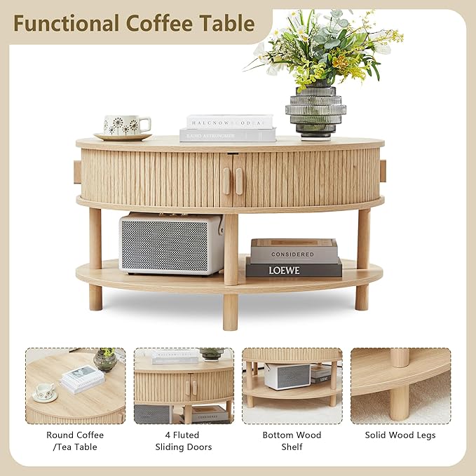 31.5” Round Coffee Table with Storage, Mid Century Modern 2 Tier Coffee Table with Tambour Sliding Door, Solid Wood Legs Fluted Center Table for Living Room Home Office Small Space, Natural