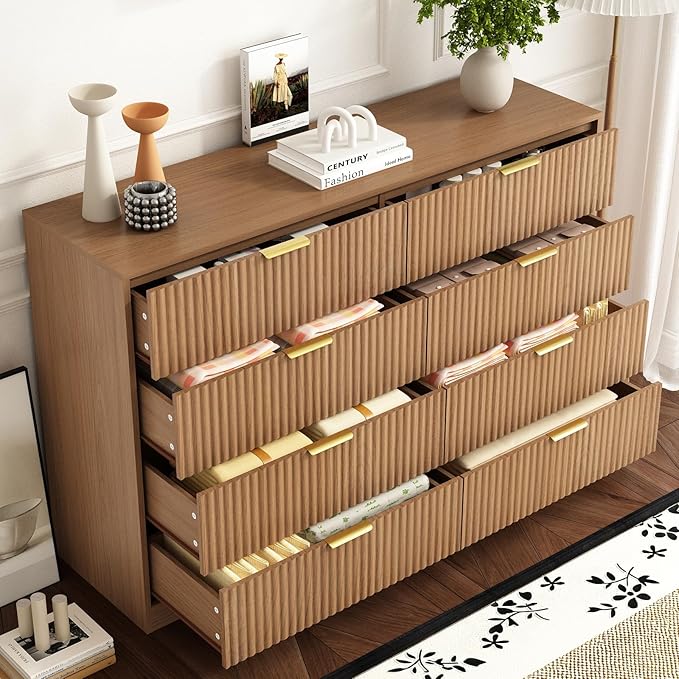 8 Drawer Dresser for Bedroom, Modern Fluted Double Dresser, 55" Wide Chest of Dressers, Mid Century Wooden Beside Table for Closet, Living Room and Entryway, Natural