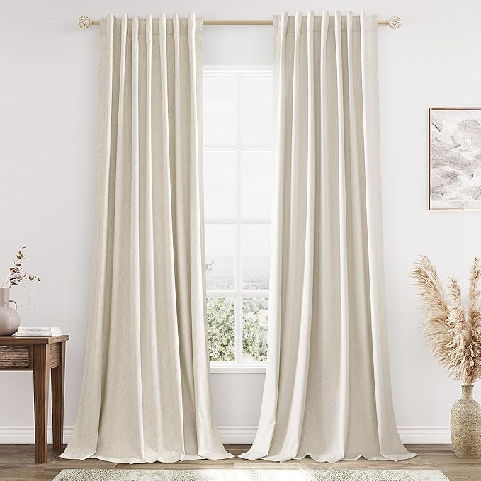 Guken Beige Cream Linen Blackout Curtains 92 Inch Length 2 Panels Set for Living Room Bedroom Back Tab Thermal Insulated 100% Black Out Linen Drapes Room Darkening Window Curtains 92 Inches Long