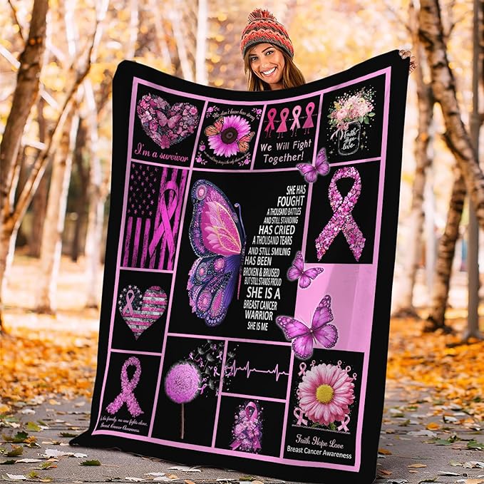Breast Cancer Awareness Blanket Pink Ribbon Flannel Plush Throw Blanket Cozy Inspirational Warrior Decor Fleece Stuff Blanket Gifts for Lover Girls Boys Kids Adults Women Bed Travel 60"x80"