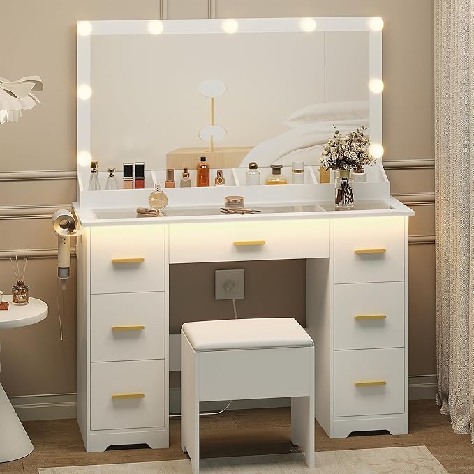 Makeup Vanity Desk with Mirror and Lights, Glass Top Vanity with 38" Lighted Mirror & Charging Station, Large Vanity Mirror with Lights Desk and Chair for Girls 3 Lightings Mode Adjusted, White