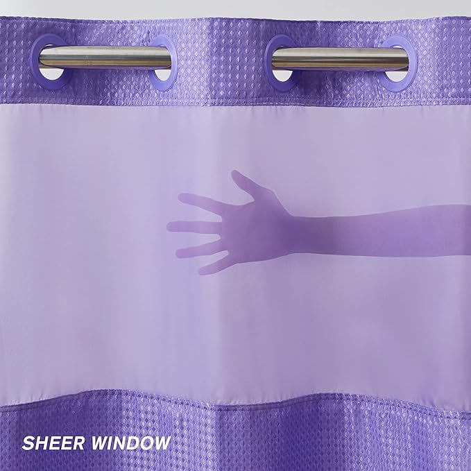 Furlinic Stall Shower Curtain No Hook with Snap in Liner,Waffle Weave Waterproof Bathroom Curtains with See Through Top Window & Weighted Magnets,Purple,54x80 Inch