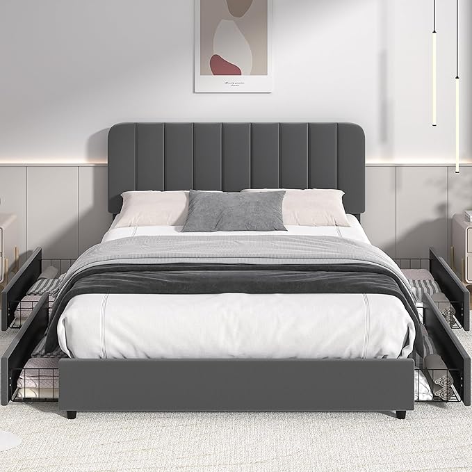 VECELO Queen Size Upholstered Bed Frame with 4 Drawers and Headboard, Velvet Platform Storage Bedframe, Wooden Slats Support, No Box Spring Needed,Dark Grey