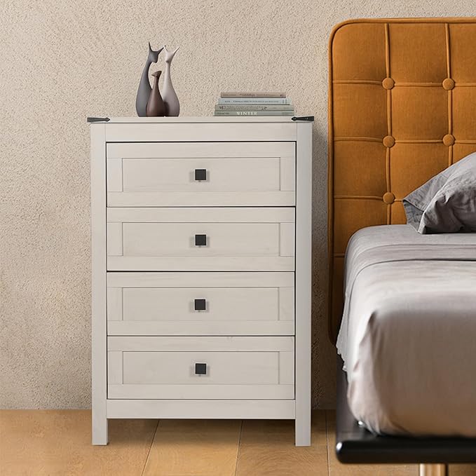 Farmhouse 4 Drawers Dresser, Wood Double Dresser Chest of Drawers Wide Storage Organizer Cabinet for Bedroom, Living Room, Rustic Beige