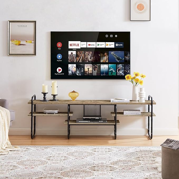 VECELO TV Stands for 55 Inch,Entertainment Center/Media Console Table with Adjustable Storage Shelves for Living Room/Bedroom,Grey