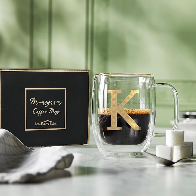 COLLECTIVE HOME - Double Walled Glass Coffee Mugs, Insulated Coffee Mug with Handle, Personalized Gifts for Women, Men, Christmas, 14 oz Monogram Cups (K)