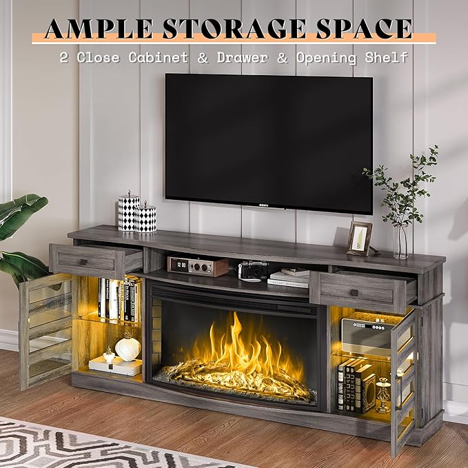 AMERLIFE 70" Farmhouse Fireplace TV Stand with 36'' Curved Electric Fireplace, LED Media Console with 2 Drawers & Adjustable Shelves, Fits 80'' TVs, Wash Gray
