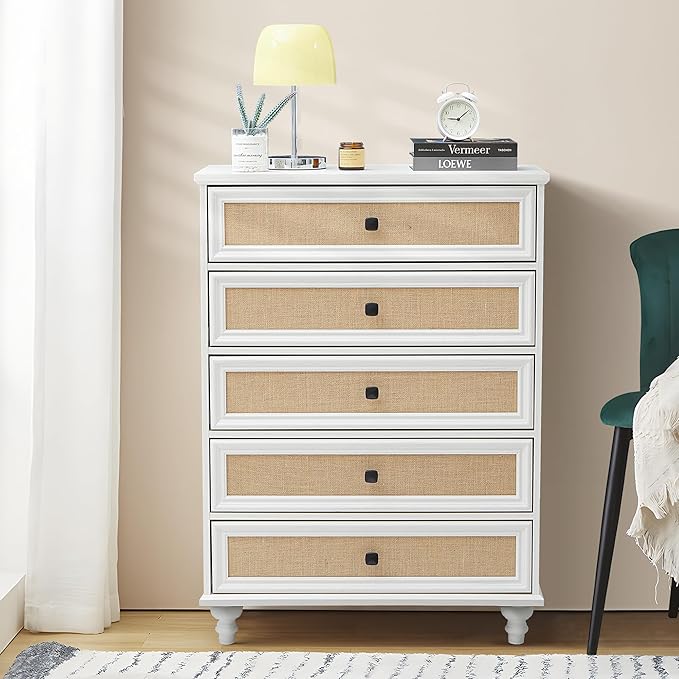 5 Drawer Dresser for Bedroom, Mid Century Modern Wide Wood Rustic Chest of Drawers Wooden Storage Organizer Dressers with Burlap Rattan Drawers for Living Room, Hallway Closet, Entryway, Beige White