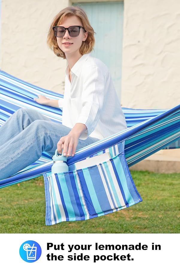 Double Quilted Fabric Tree Hammock with Spreader Bar, 14ft Hammocks 2 Person for Outside, Fits 12ft -14ft Hammock Stand, Large Pillow, Side Pocket & Carabiner, Max 475 lbs Capacity (Ocean Blue)