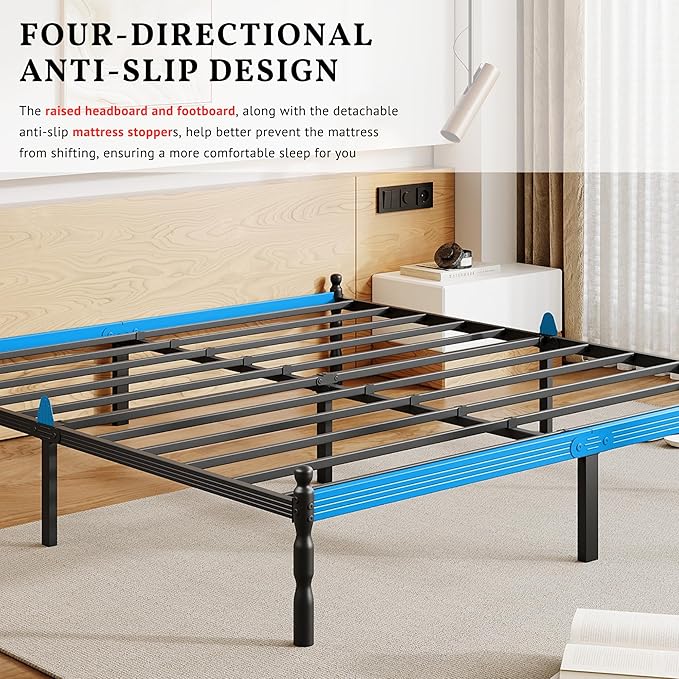 ZIYOO Twin Size Bed Frame with Mattress Slide Stopper, 14 Inches Heavy Duty Sturdy Platform with Vintage Style, Anti-Slip Design, Easy Assembly, No Box Spring Needed
