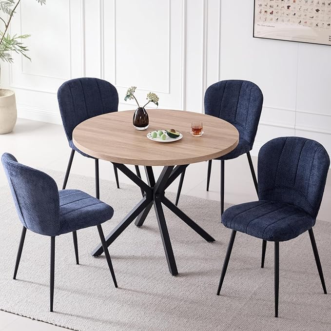 39" Round Dining Table Set for 4, Mid Century Kitchen Table with 4 Upholstered Accent Dining Chairs for Apartment Living Room Space Saving