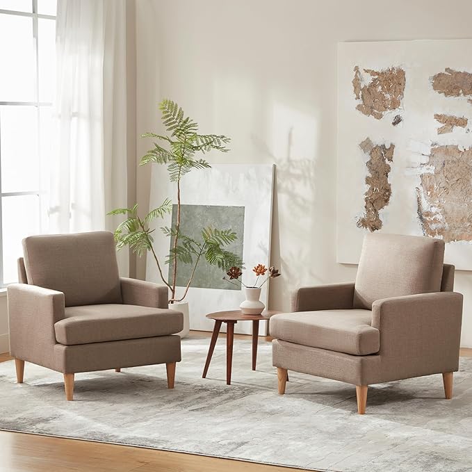 VKNOW Mid-Century Accent Chairs Set of 2, Modern Upholstered Chenille Armchair for Living Room,Comfy Reading Accent Chairs with Wood Legs for Bedroom, Brown Polyester