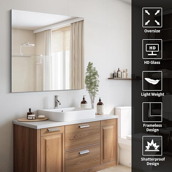 Frameless Mirror, 36x36 inch Square Bathroom Mirrors for Wall, Upgraded Shatterproof Vanity Mirror Over Sink with Polished Edge for Bathroom,Bedroom,Living Room and Entryway