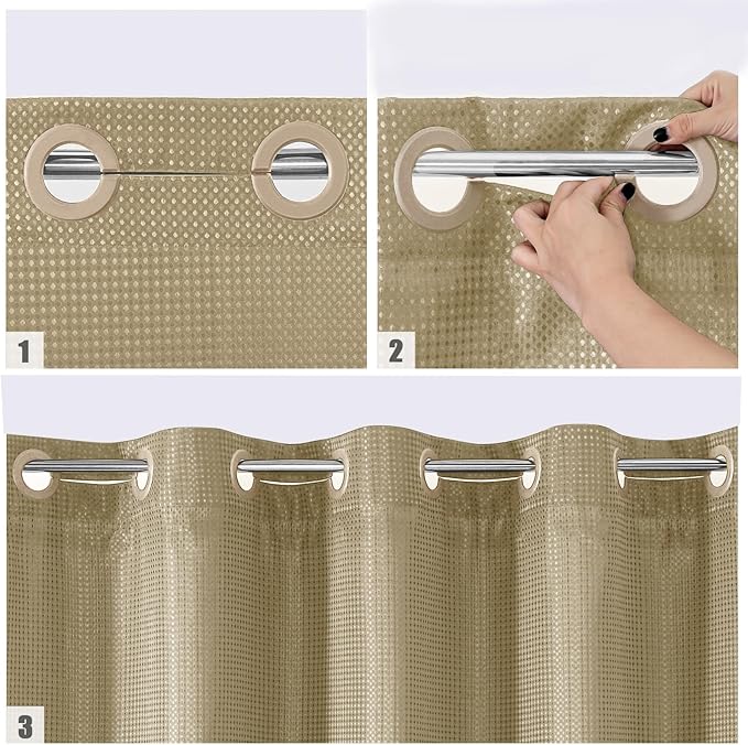 MitoVilla No Hooks Needed Beige Waffle Shower Curtain with Snap-in Liner, Modern Waffle Weave Heavy Duty Fabric Cloth Shower Curtain for Luxury Neutral Hotel Spa Bathroom Decor, 72 x 74, Beige/Khaki