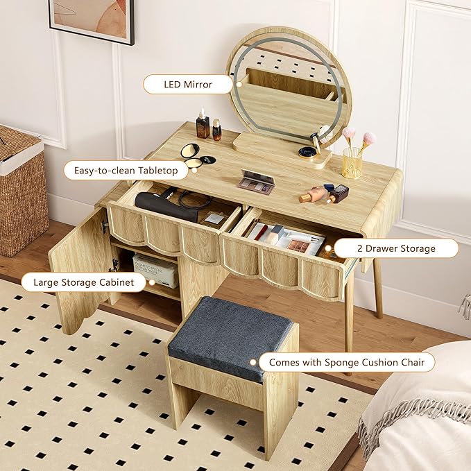 ORRD Vanity Desk with Mirror and Lights, Modern Wood Wave Panel Vanity Desk Set Makeup Table with Drawers and Cabinet, Dressing Table with Storage for Bedroom, Natural