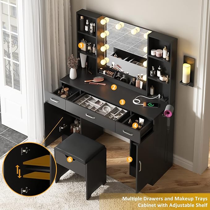 Vabches Makeup Vanity Table with Lighted Mirror & Power Strip, Large Vanity Set Vanity Desk with Lots Storage, 3 Lighting Modes, Brightness Adjustable, 45.2in(Large, Black)
