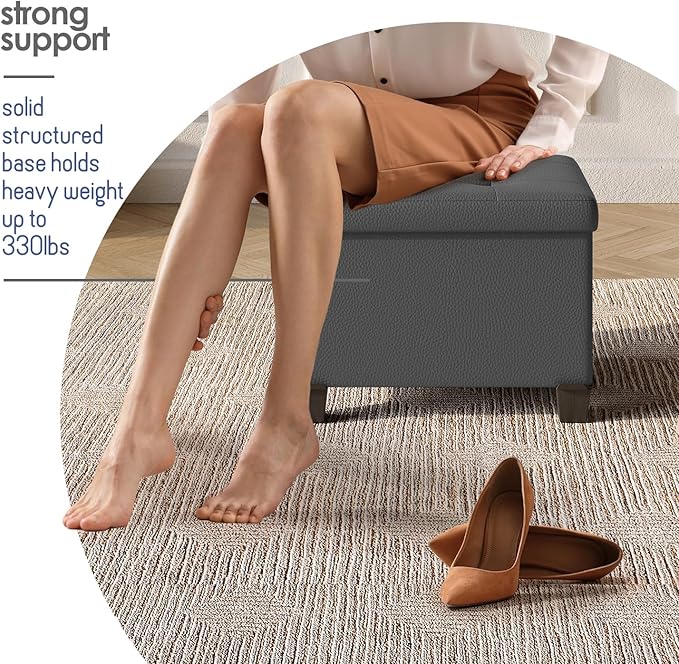 STORAGEBUD Storage Ottoman Cube with Small Bin, 16-in Square Ottoman with Storage for Living Room and Bedroom, Small Ottomans Foot Rest, Faux Leather Foot Stools Ottomans Max 330lbs, Grey