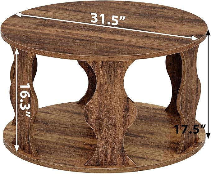 HSH Round Wood Coffee Table, Rustic Brown Circle Center Table with Storage, Farmhouse Wooden Living Room Coffee Tea Tables in Small Room, Unique Vintage 2 Tier Circular Middle Cocktail Table, 31.5 in