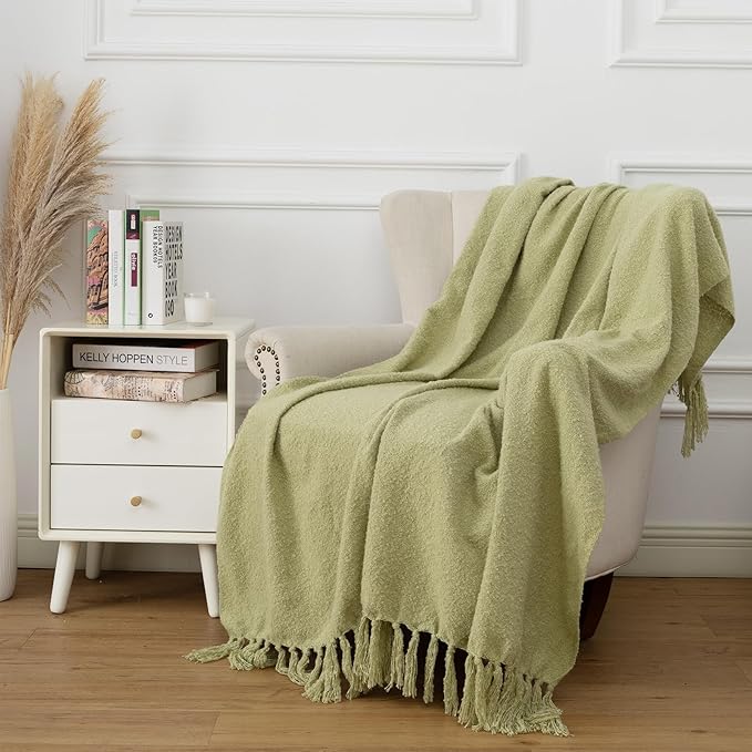 Gealaek Sage Green Throw Blanket Lightweight Fuzzy Soft Cozy Decorative Blankets for Sofa Bed Farmhouse Throw Blanket Green with Fringe 50" x 60"