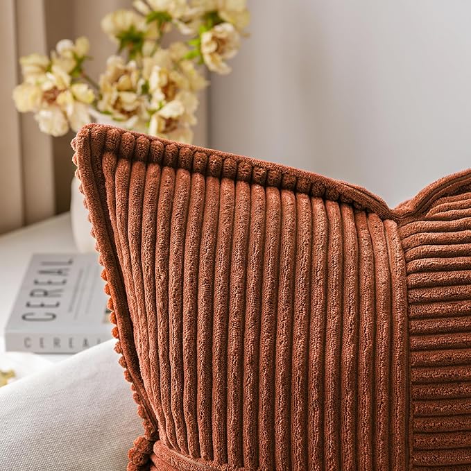 MIULEE Dark Rust Fall Decorative Lumbar Throw Pillow Covers for Couch Bed Livingroom 12x20 Inch Set of 2 Boho Accent Throw Pllows Broadside Striped Patchwork Soft Corduroy Pillowcases